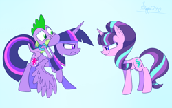 Size: 800x503 | Tagged: safe, artist:siggie740, character:spike, character:starlight glimmer, character:twilight sparkle, character:twilight sparkle (alicorn), species:alicorn, species:pony, episode:the cutie re-mark, female, floppy ears, mare, profile, staring ponies