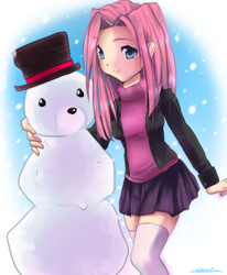 Size: 900x1093 | Tagged: safe, artist:klaudy, character:pinkie pie, species:human, alternate hairstyle, clothing, explicit source, hat, humanized, skirt, snowman, socks, thigh highs, zettai ryouiki