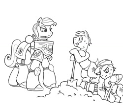 Size: 1280x1151 | Tagged: safe, artist:sanity-x, oc, oc:azure taffy, species:pony, blood angels, crossover, dog tags, female, grayscale, guardsman, imperial guard, male, mare, monochrome, pauldron, power armor, powered exoskeleton, shovel, space marine, stallion, sweat, tactical squad, warhammer (game), warhammer 40k