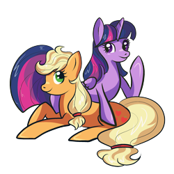 Size: 2000x2000 | Tagged: safe, artist:catnipfairy, character:applejack, character:twilight sparkle, character:twilight sparkle (alicorn), species:alicorn, species:pony, female, hatless, mare, missing accessory, prone, simple background, transparent background