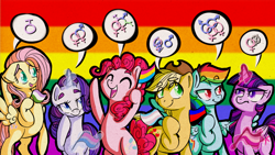 Size: 1280x721 | Tagged: safe, artist:rastaquouere69, character:applejack, character:fluttershy, character:pinkie pie, character:rainbow dash, character:rarity, character:twilight sparkle, character:twilight sparkle (alicorn), species:alicorn, species:earth pony, species:pegasus, species:pony, species:unicorn, :t, asexual, ask rarity and pinkie, bedroom eyes, bisexuality, diversity, eyes closed, female, frown, gay, gay pride flag, gender headcanon, genderqueer, glare, hoof hold, lesbian, lgbt, lgbt headcanon, magic, male, mane six, open mouth, pansexual, polyamory, pride, pride flag, sexuality, sexuality headcanon, smiling, telekinesis, transgender, unamused