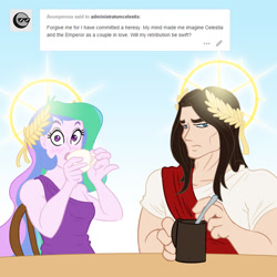 Size: 1280x1280 | Tagged: safe, artist:sanity-x, character:princess celestia, character:principal celestia, my little pony:equestria girls, ask, blushing, chair, clothing, crossover, crossover shipping, cup, drink, emprahlestia, female, frown, glare, glow, god empress of ponykind, god-emperor of mankind, halo, heresy, looking at you, male, mug, shipping, sitting, straight, this will end in exterminatus, this will end in heresy, toga, tumblr, unamused, warhammer (game), warhammer 40k, wide eyes