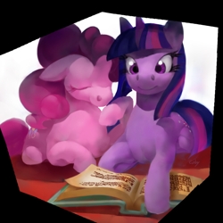Size: 700x700 | Tagged: safe, artist:cabyowl, character:pinkie pie, character:twilight sparkle, species:earth pony, species:pony, species:unicorn, ship:twinkie, book, cutie mark, explicit source, eyes closed, female, floppy ears, lesbian, mare, prone, reading, shipping