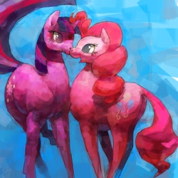 Size: 1000x1000 | Tagged: safe, artist:cabyowl, character:pinkie pie, character:twilight sparkle, species:earth pony, species:pony, species:unicorn, ship:twinkie, abstract background, boop, explicit source, female, lesbian, mare, noseboop, shipping