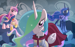 Size: 2400x1500 | Tagged: safe, artist:kumkrum, character:princess cadance, character:princess celestia, character:princess luna, species:alicorn, species:pony, action pose, armor, clothing, epic, female, ice, mare, open mouth, scarf, warrior cadance, warrior celestia, warrior luna