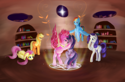 Size: 5440x3584 | Tagged: safe, artist:kwendynew, character:applejack, character:fluttershy, character:pinkie pie, character:rainbow dash, character:rarity, character:twilight sparkle, ship:twinkie, contract, element of laughter, female, kissing, lesbian, mahou sensei negima, negima, parody, shipping