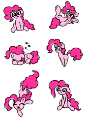 Size: 700x1000 | Tagged: safe, artist:yooyfull, character:pinkie pie, :o, floppy ears, on back, pronking, sad, sleeping, tongue out, upside down, zzz