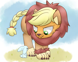 Size: 1280x1024 | Tagged: safe, artist:gamijack, character:angel bunny, character:applejack, >:3, applelion, clothing, costume