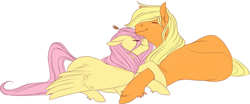 Size: 1280x530 | Tagged: safe, artist:the-chibster, character:applejack, character:fluttershy, ship:appleshy, female, holding, lesbian, resting, shipping, straw, unshorn fetlocks