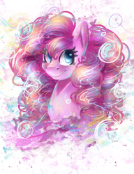 Size: 1000x1300 | Tagged: safe, artist:karmamoonshadow, character:pinkie pie, bubble, female, smiling, solo