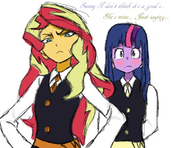 Size: 734x634 | Tagged: safe, artist:angeltorchic, character:sunset shimmer, character:twilight sparkle, character:twilight sparkle (alicorn), ship:sunsetsparkle, my little pony:equestria girls, akko kagari, anime style, canterlot academia, clothing, crossover, diana cavendish, female, lesbian, little witch academia, school uniform, shipping, tsundere