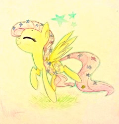 Size: 2032x2117 | Tagged: safe, artist:siggie740, character:fluttershy, braid, enjoying, eyes closed, female, flower, flower in hair, solo, spread wings, traditional art, trotting, wings