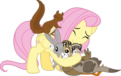Size: 4000x2522 | Tagged: safe, artist:vulthuryol00, character:fluttershy, species:duck, species:pegasus, species:pony, species:rabbit, episode:the hooffields and mccolts, g4, my little pony: friendship is magic, .svg available, animal, chipmunk, cute, ferret, hug, mouse, shyabetes, simple background, squirrel, transparent background, vector
