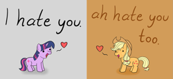 Size: 1301x600 | Tagged: safe, artist:mr-1, character:applejack, character:twilight sparkle, hate, heart