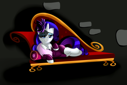 Size: 6000x4000 | Tagged: safe, artist:wilshirewolf, character:rarity, episode:rarity investigates, g4, my little pony: friendship is magic, absurd resolution, bow tie, clothing, couch, detective, detective rarity, draw me like one of your french girls, dress, fainting couch, female, looking at you, noir, on side, scene interpretation, smiling, solo, that was fast