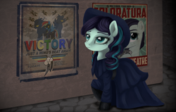 Size: 1700x1080 | Tagged: safe, artist:wourdeluck, character:coloratura, character:rainbow dash, species:pegasus, species:pony, fallout equestria, clothing, dress, evening, fanfic, fanfic art, female, hooves, mare, ministry mares, ministry of awesome, poster, propaganda, raised hoof, rara, shadowbolts, solo, spread wings, text, walking, wings