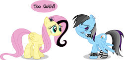 Size: 8555x4163 | Tagged: safe, artist:psyxofthoros, character:fluttershy, character:rainbow dash, absurd resolution, black lipstick, choker, clothing, dialogue, earring, eyes closed, eyeshadow, facehoof, frown, goth, gritted teeth, it's a phase, leather, lipstick, makeup, piercing, simple background, socks, spiked choker, spiked wristband, spread wings, striped socks, transparent background, wings