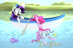 Size: 1520x1009 | Tagged: safe, artist:siggie740, character:pinkie pie, character:rarity, boat, fish, grin, lake