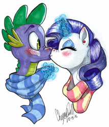 Size: 1280x1493 | Tagged: safe, artist:whisperseas, character:rarity, character:spike, ship:sparity, blushing, clothing, cute, eyes closed, female, glowing horn, kissing, magic, male, older, older spike, scarf, shipping, signature, straight, traditional art, watermark