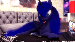 Size: 1920x1080 | Tagged: safe, artist:thelunagames, character:princess luna, 3d, computer, couch, female, pepsi, prone, soda, soda can, solo, tongue out