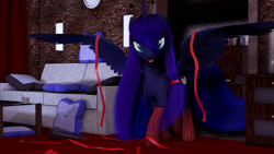 Size: 2560x1440 | Tagged: safe, artist:thelunagames, character:princess luna, 3d, clothing, couch, female, looking at you, ribbon, socks, solo, spread wings, tongue out, wings