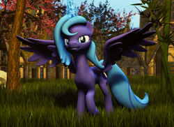 Size: 1486x1080 | Tagged: safe, artist:thelunagames, character:princess luna, 3d, female, grass, s1 luna, solo, spread wings, town, wings