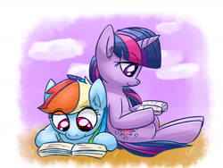 Size: 1600x1200 | Tagged: safe, artist:gamijack, character:rainbow dash, character:twilight sparkle, ship:twidash, book, female, lesbian, prone, reading, shipping, sitting