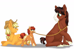Size: 1600x1050 | Tagged: dead source, safe, artist:whisperseas, character:applejack, character:trouble shoes, oc, oc:crab apple, parent:applejack, parent:trouble shoes, parents:troublejack, species:earth pony, species:pony, blaze (coat marking), female, foal, freckles, hatless, lasso, male, mare, missing accessory, missing cutie mark, mouth hold, offspring, piebald colouring, prone, rope, shipping, short tail, sitting, stallion, straight, trio, troublejack, watermark