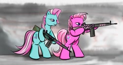 Size: 1088x576 | Tagged: safe, artist:kwendynew, character:minty, character:pinkie pie (g3), species:pony, g3, battle rifle, bipedal, gun, h&k g3, pun, visual gag, weapon