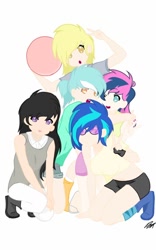 Size: 800x1280 | Tagged: safe, artist:cute_pinkie7, base used, character:bon bon, character:derpy hooves, character:dj pon-3, character:lyra heartstrings, character:octavia melody, character:sweetie drops, character:vinyl scratch, species:human, anime, background five, breasts, busty vinyl scratch, clothing, fail, female, humanized, peace sign, simple background, sunglasses, white background