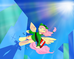 Size: 1280x1024 | Tagged: safe, artist:kwendynew, character:fluttershy, clothing, creeper, creepershy, crepuscular rays, crossover, cubes, explosives, female, fusion, looking at you, minecraft, mirror's edge, solo, sun, tnt