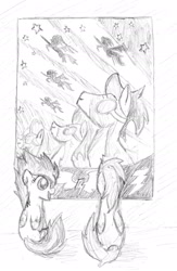 Size: 1367x2091 | Tagged: safe, artist:thekuto, character:soarin', character:spitfire, species:pony, foal, gazing, monochrome, traditional art, wonderbolts poster, younger