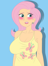 Size: 1400x1920 | Tagged: safe, artist:alcasar-reich, character:fluttershy, species:human, blushing, breasts, busty fluttershy, cleavage, clothing, cutie mark, cutie mark dress, dress, female, humanized, solo