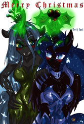 Size: 2532x3726 | Tagged: safe, artist:alcasar-reich, character:nightmare moon, character:princess luna, character:queen chrysalis, species:anthro, ship:chrysmoon, breasts, cleavage, female, holly, holly mistaken for mistletoe, lesbian, shipping