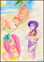 Size: 1280x1776 | Tagged: safe, artist:killa7, character:applejack, character:fluttershy, character:rarity, applebucking thighs, beach, belly button, bikini, clothing, flower, humanized, lei, midriff, sarong, swimsuit, traditional art