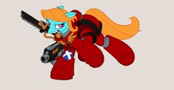 Size: 1280x665 | Tagged: safe, artist:sanity-x, oc, oc only, oc:azure taffy, species:pony, armor, blood angels, chainsword, female, mare, mouth hold, ponified, power armor, powered exoskeleton, solo, space marine, tactical squad, warhammer (game), warhammer 40k