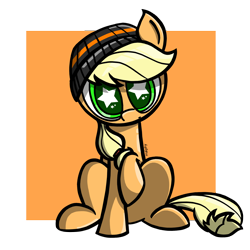 Size: 2400x2400 | Tagged: safe, artist:malphee, character:applejack, beanie, clothing, female, hat, looking at you, raised hoof, solo, wingding eyes