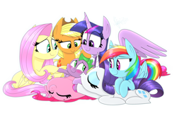 Size: 1860x1245 | Tagged: safe, artist:siggie740, character:applejack, character:fluttershy, character:pinkie pie, character:rainbow dash, character:rarity, character:spike, character:twilight sparkle, character:twilight sparkle (alicorn), species:alicorn, species:dragon, species:earth pony, species:pegasus, species:pony, species:unicorn, baby, baby dragon, blushing, cuddle puddle, cuddling, cute, cutie mark, female, folded wings, harem, horn, kissy face, male, mane seven, mane six, mare, on back, pony pile, snuggling, spikabetes, spike gets all the mares, spikelove, spread wings, wings