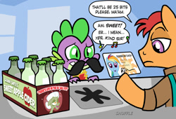 Size: 1000x681 | Tagged: safe, artist:shuffle001, character:rainbow dash, character:spike, cider, disguise, fake id, moustache, music notes, new rainbow dash, seems legit, supermarket