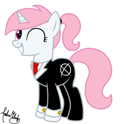 Size: 900x885 | Tagged: safe, artist:andreamelody, oc, oc only, species:pony, species:unicorn, clothing, cufflinks, cuffs (clothes), female, grin, mare, necktie, signature, simple background, slenderman, slendermare, slenderpony, smiling, solo, suit, transparent background, wink