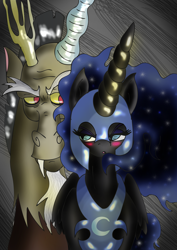 Size: 2480x3507 | Tagged: safe, artist:alcasar-reich, character:discord, character:nightmare moon, character:princess luna, ship:nightmarecord, shipping