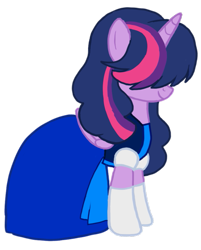 Size: 679x846 | Tagged: dead source, source needed, safe, artist:tsundra, character:twilight sparkle, character:twilight sparkle (alicorn), species:alicorn, species:pony, alternate hairstyle, bangs, clothing, covering eyes, dress, female, hair over eyes, hilarious in hindsight, lol, mare, sapphire, sapphire (steven universe), simple background, smiling, solo, steven universe, transparent background