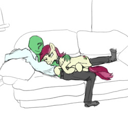Size: 999x900 | Tagged: safe, artist:ara, character:roseluck, oc, oc:anon, oc:anonymous, species:earth pony, species:human, species:pony, collar, couch, cuddling, female, looking at each other, male, mare, one eye closed, partial color, rosepet, smiling, snuggling