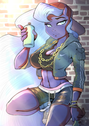 Size: 2893x4092 | Tagged: safe, artist:nxyde, character:princess luna, species:anthro, backwards ballcap, baseball cap, belly button, big breasts, bottle, bracelet, breasts, busty princess luna, chains, cleavage, clothing, crepuscular rays, female, hat, jacket, jewelry, midriff, nike, shorts, solo, spray can, tank top, wristband