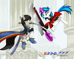 Size: 2000x1600 | Tagged: safe, artist:brab777, character:dj pon-3, character:octavia melody, character:vinyl scratch, armor, blazblue, clothing, crossover, ragna the bloodedge, sword, uniform, weapon