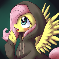 Size: 1000x1000 | Tagged: safe, artist:rastaquouere69, character:fluttershy, species:pegasus, species:pony, blushing, brown hoodie, clothing, cute, female, gradient background, heart eyes, hood, hoodie, looking at something, mare, open mouth, pink hair, pink mane, pink tail, profile, raised hoof, shyabetes, solo, spread wings, sweater, sweatershy, wingding eyes, wings, yellow coat