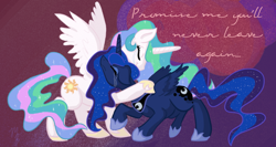 Size: 1024x546 | Tagged: safe, artist:rastaquouere69, character:princess celestia, character:princess luna, crying, eyes closed, hug