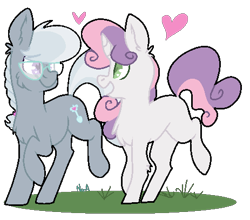 Size: 463x408 | Tagged: safe, artist:maximumbark, character:silver spoon, character:sweetie belle, species:pony, ship:silverbelle, female, filly, heart, lesbian, open mouth, raised hoof, shipping