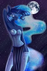 Size: 1990x3014 | Tagged: safe, artist:zefirayn, character:princess luna, species:alicorn, species:anthro, species:pony, armpits, breasts, cleavage, clothing, constellation, corset, eyelashes, female, garters, lidded eyes, loincloth, looking at you, moon, night, skirt, sky, smiling, socks, solo, stars, stockings, thigh highs, wingless, wingless anthro, zettai ryouiki