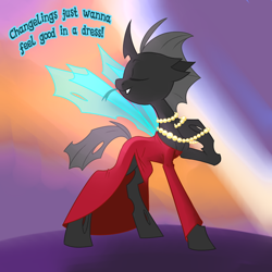 Size: 600x600 | Tagged: safe, artist:dinkelion, oc, oc only, oc:doppel, species:changeling, changeling oc, clothing, crossdressing, dress, green tongue, jewelry, male, necklace, pearl necklace, red dress, solo, tongue out